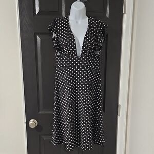 VENUS Black and White Polka Dot Ruffle Midi Dress